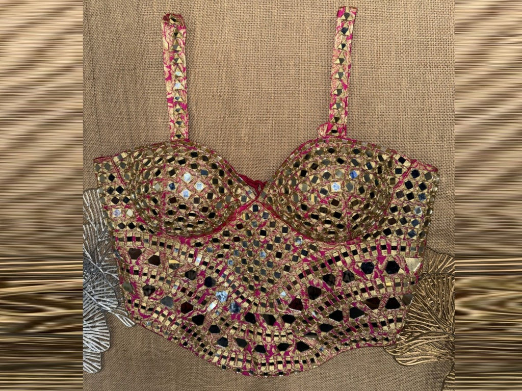 Shop pink mirror work strappy corset blouse online in USA. Elevate your sarees with exquisite readymade saree blouses, designer sari blouse, choli-cut blouses.-full view