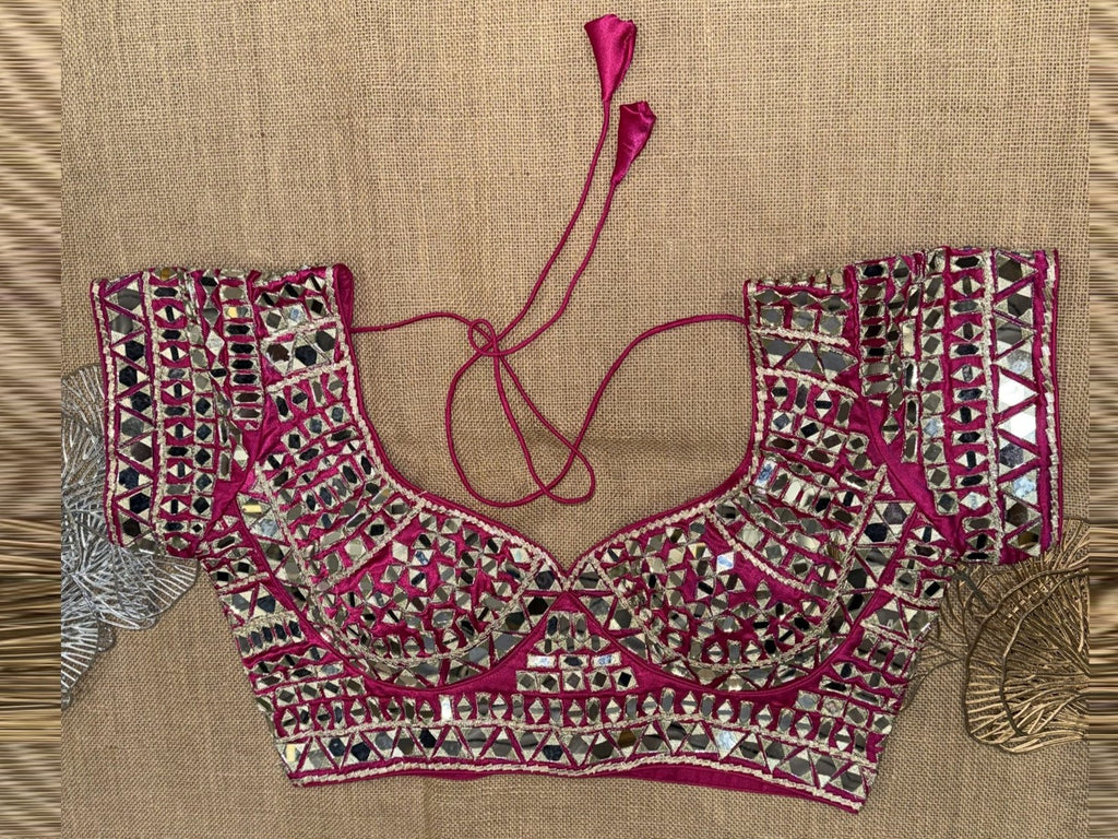 Buy fuchsia pink mirror work choli cut saree blouse online in USA. Elevate your sarees with exquisite readymade saree blouses, designer sari blouse, choli-cut blouses.-full view