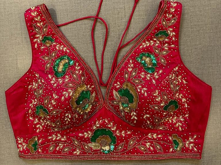50W548-RO Red Multicolor Embroidered Blouse With Zari Work