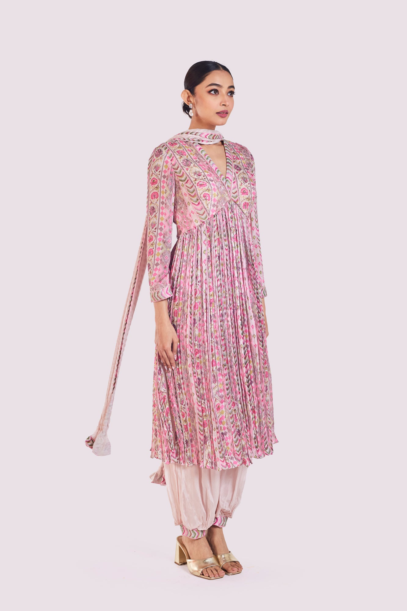 Shop beautiful beige printed silk salwar suit online in USA with dupatta. Shop the best and latest designs in embroidered sarees, designer sarees, Anarkali suit, lehengas, sharara suits for weddings and special occasions from Pure Elegance Indian fashion store in USA.-side
