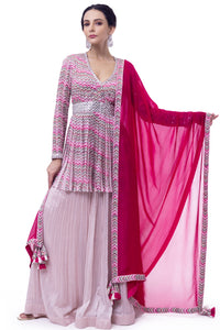Shop pink printed chiffon peplum sharara suit online in USA with rani dupatta. Shop the best and latest designs in embroidered sarees, designer sarees, Anarkali suit, lehengas, sharara suits for weddings and special occasions from Pure Elegance Indian fashion store in USA.-full view