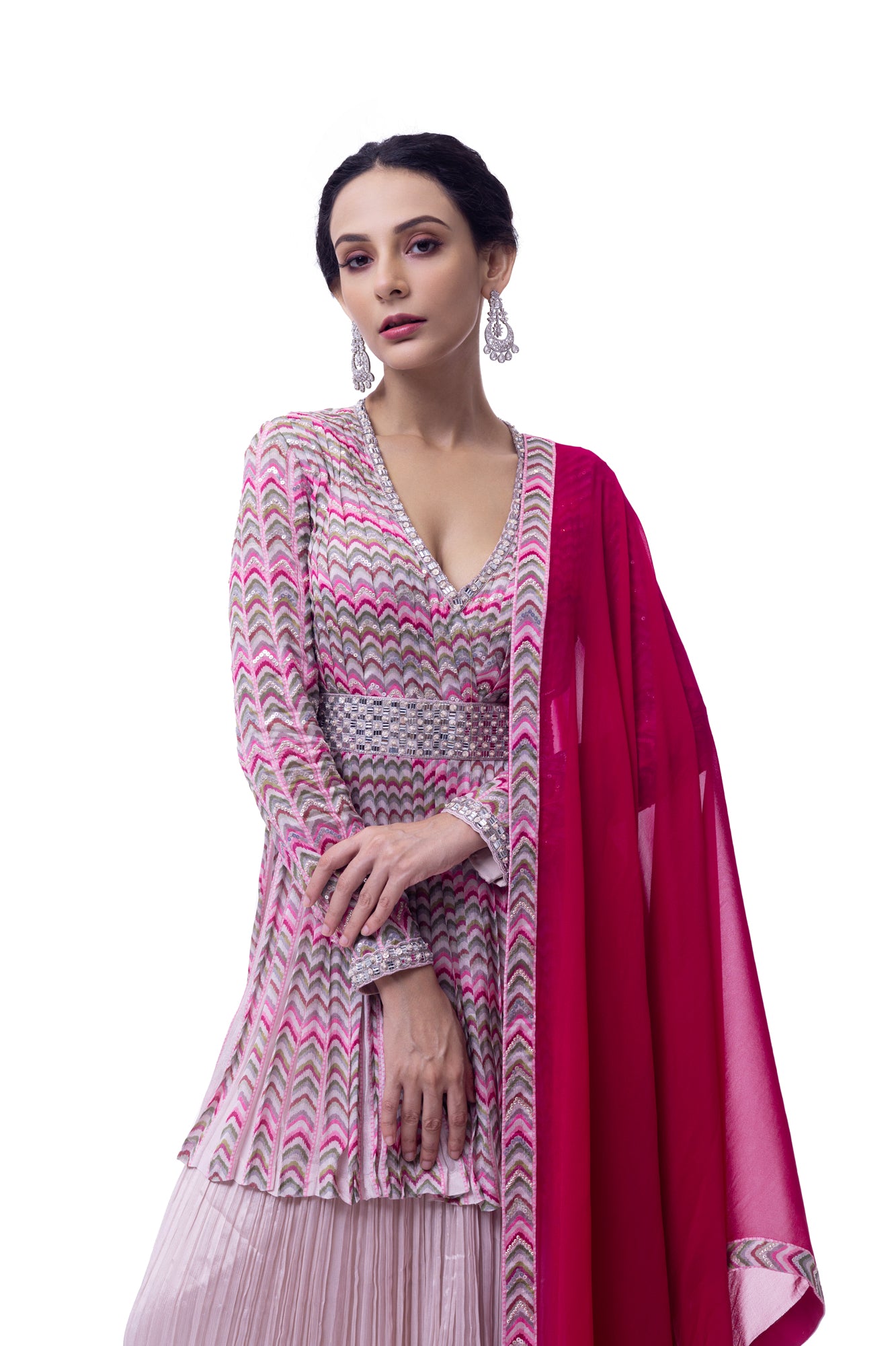 Shop pink printed chiffon peplum sharara suit online in USA with rani dupatta. Shop the best and latest designs in embroidered sarees, designer sarees, Anarkali suit, lehengas, sharara suits for weddings and special occasions from Pure Elegance Indian fashion store in USA.-closeup