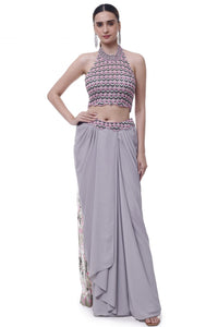 Shop beautiful grey halter neck georgette draped skirt set online in USA. Shop the best and latest designs in embroidered sarees, designer sarees, Anarkali suit, lehengas, sharara suits for weddings and special occasions from Pure Elegance Indian fashion store in USA.-full view