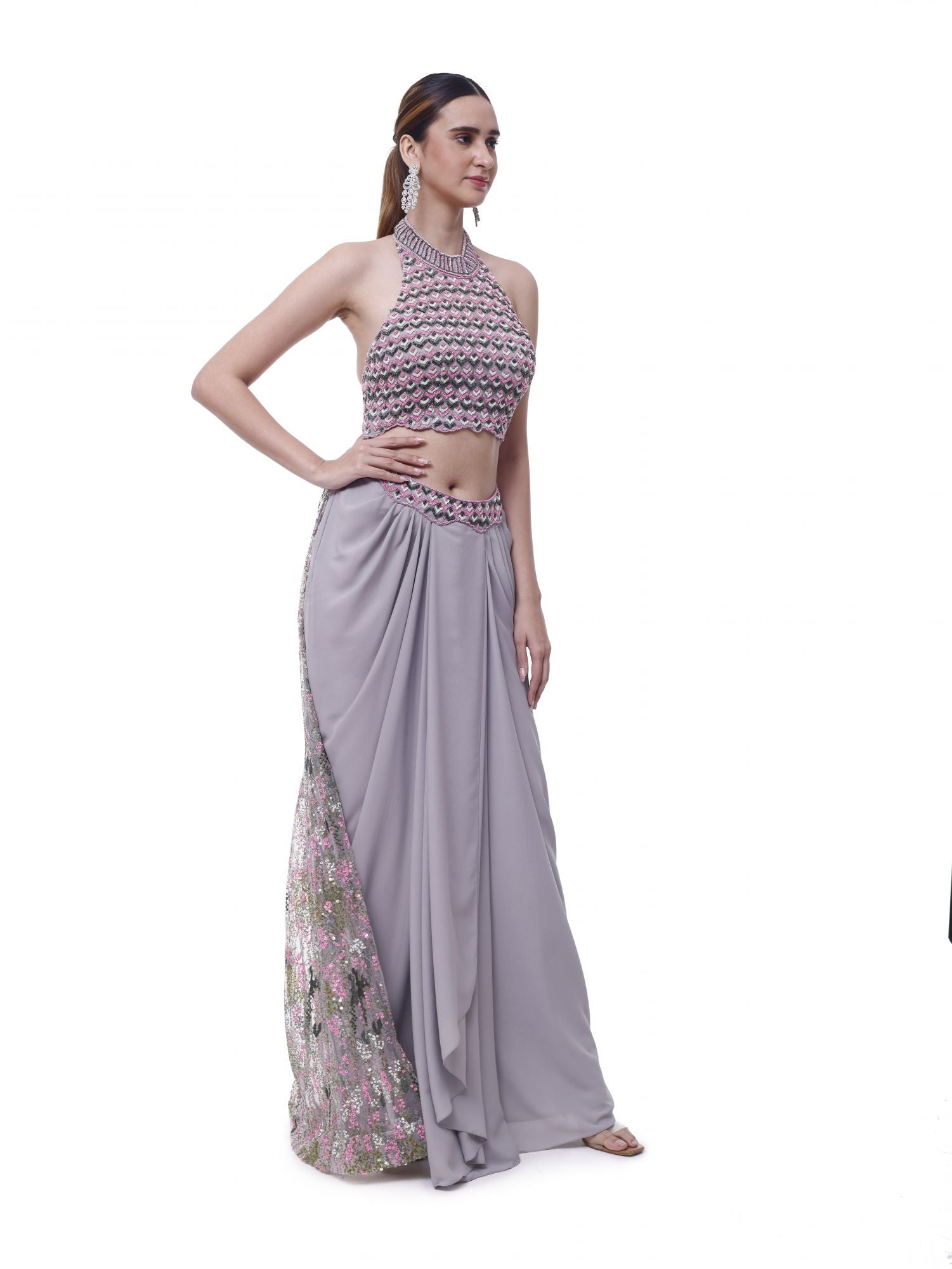 Shop beautiful grey halter neck georgette draped skirt set online in USA. Shop the best and latest designs in embroidered sarees, designer sarees, Anarkali suit, lehengas, sharara suits for weddings and special occasions from Pure Elegance Indian fashion store in USA.-side