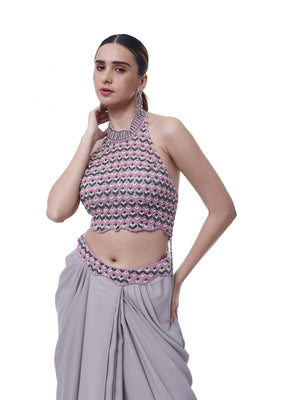 Shop beautiful grey halter neck georgette draped skirt set online in USA. Shop the best and latest designs in embroidered sarees, designer sarees, Anarkali suit, lehengas, sharara suits for weddings and special occasions from Pure Elegance Indian fashion store in USA.-closeup