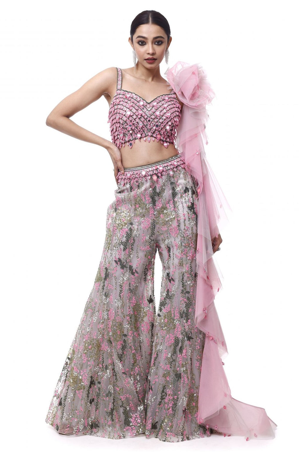 Buy beautiful grey and pink net and organza co-ord set online in USA. Shop the best and latest designs in embroidered sarees, designer sarees, Anarkali suit, lehengas, sharara suits for weddings and special occasions from Pure Elegance Indian fashion store in USA.-full view