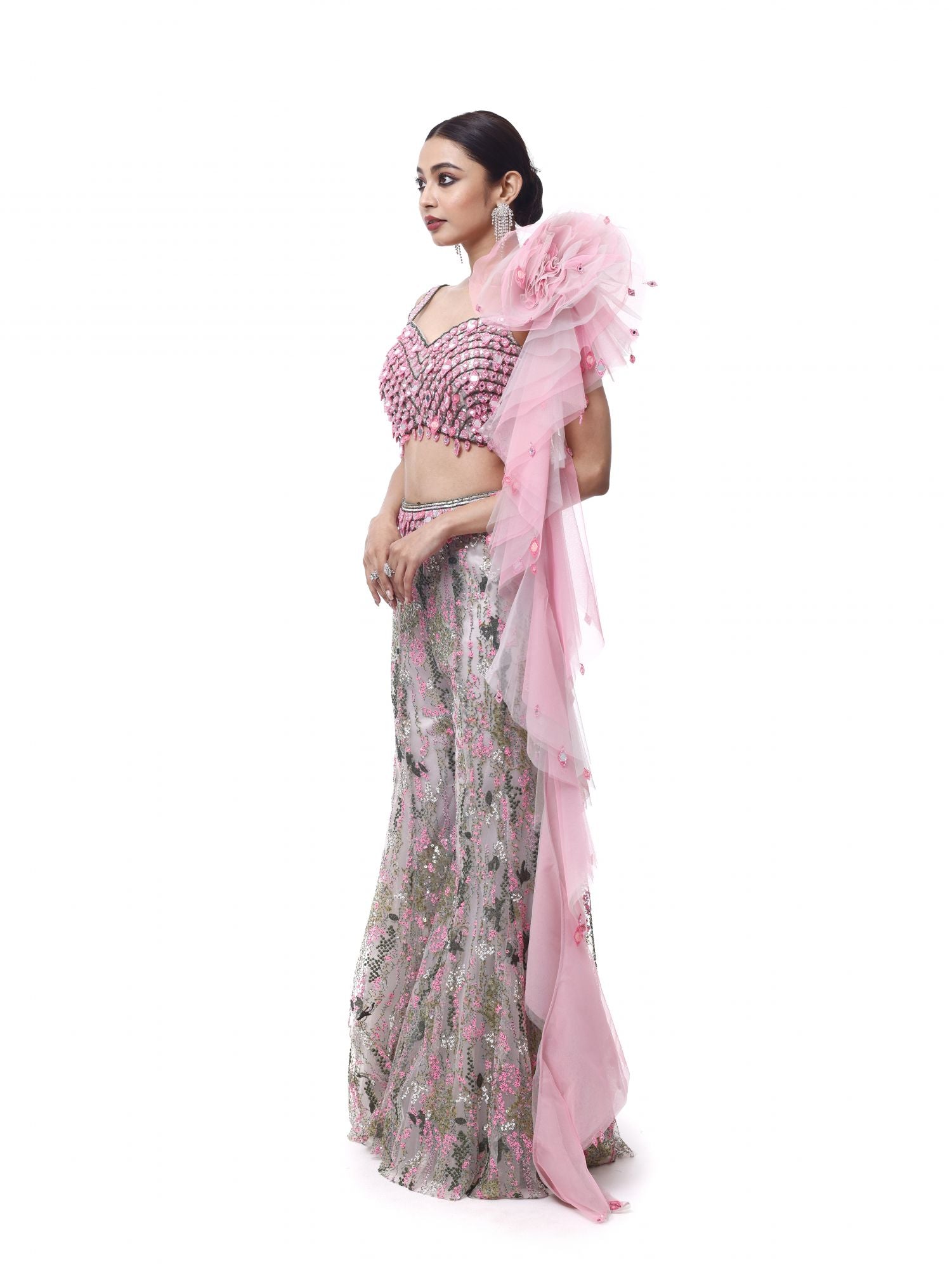 Buy beautiful grey and pink net and organza co-ord set online in USA. Shop the best and latest designs in embroidered sarees, designer sarees, Anarkali suit, lehengas, sharara suits for weddings and special occasions from Pure Elegance Indian fashion store in USA.-set