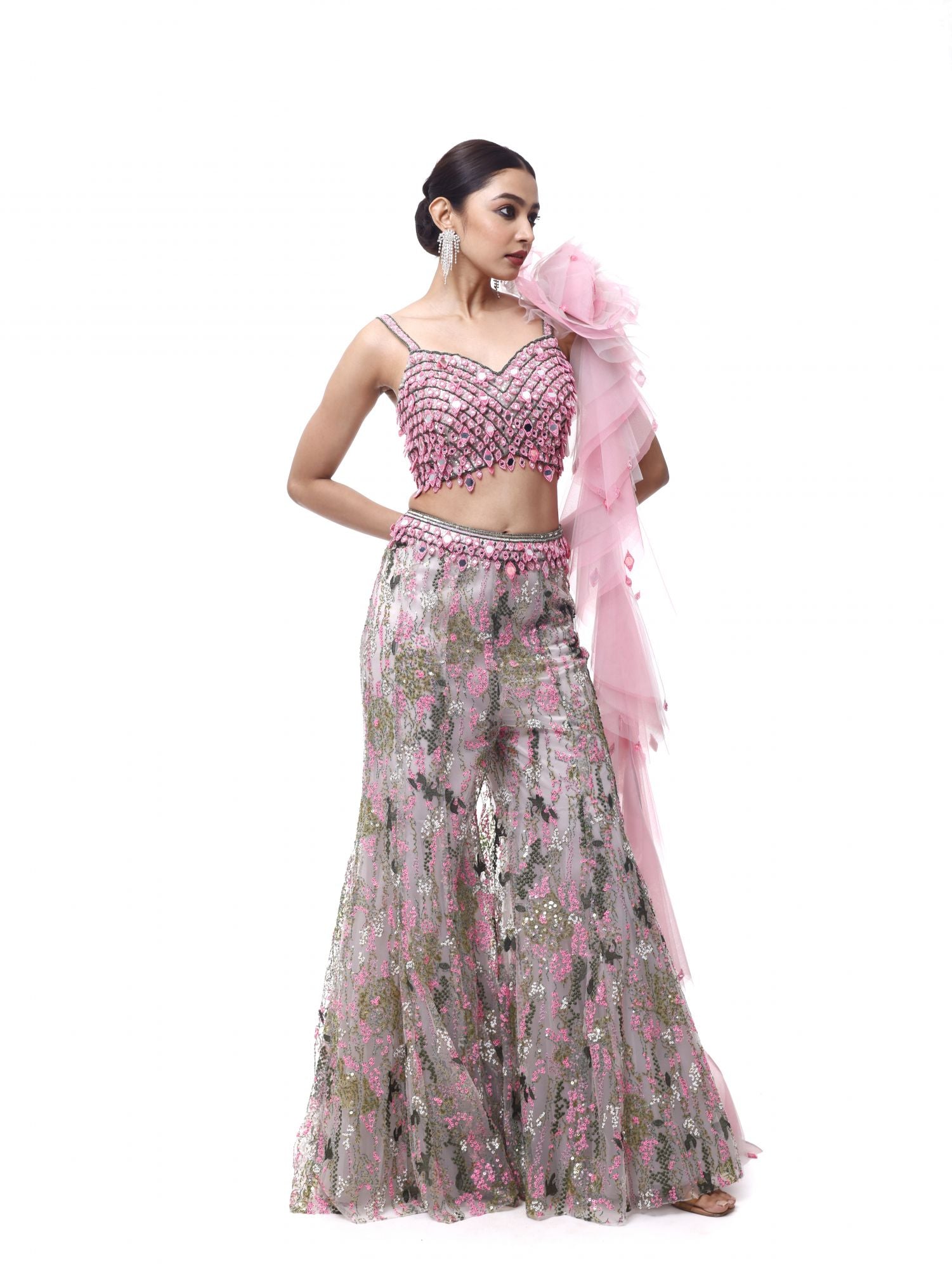 Buy beautiful grey and pink net and organza co-ord set online in USA. Shop the best and latest designs in embroidered sarees, designer sarees, Anarkali suit, lehengas, sharara suits for weddings and special occasions from Pure Elegance Indian fashion store in USA.-side