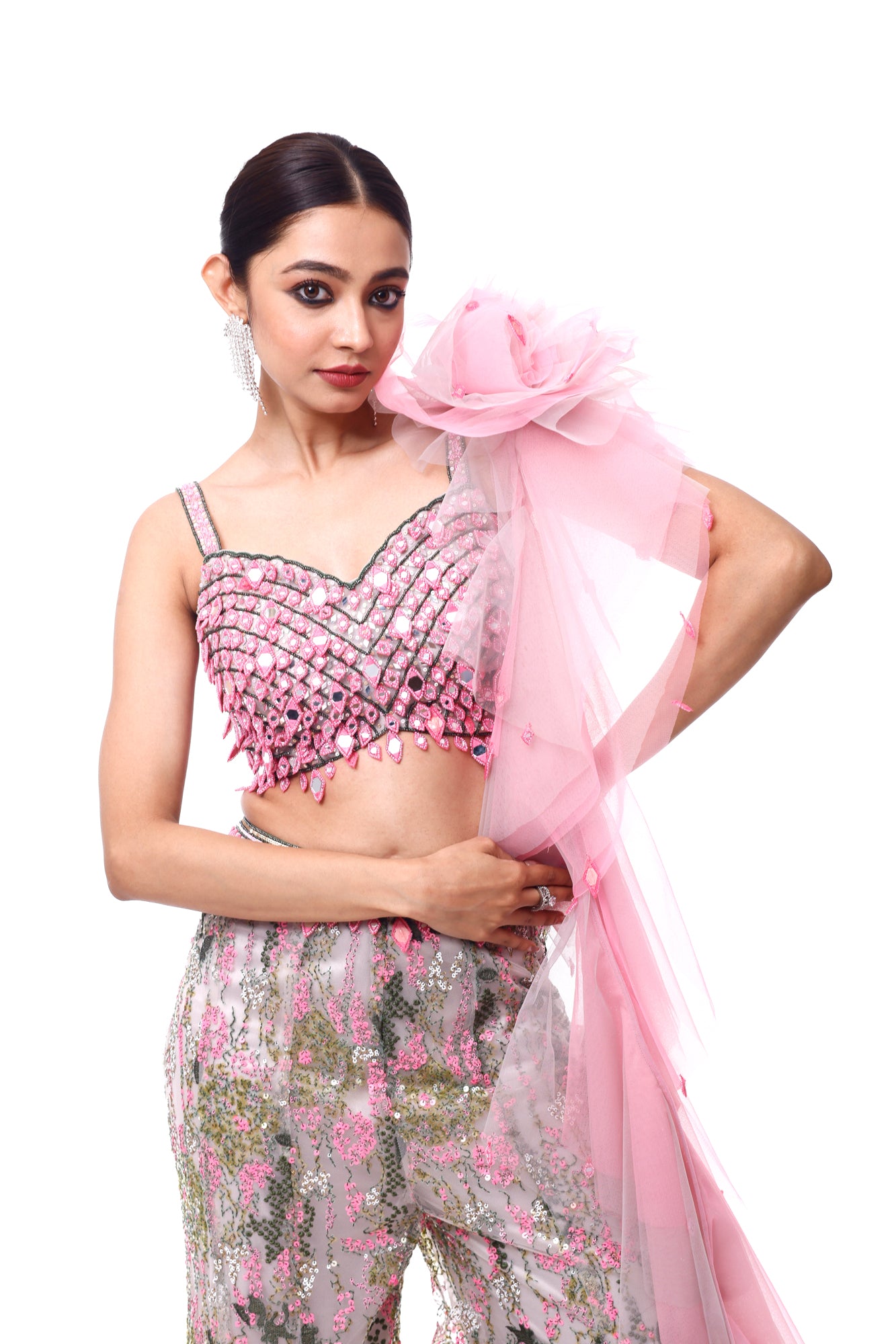 Buy beautiful grey and pink net and organza co-ord set online in USA. Shop the best and latest designs in embroidered sarees, designer sarees, Anarkali suit, lehengas, sharara suits for weddings and special occasions from Pure Elegance Indian fashion store in USA.-closeup