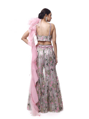 Buy beautiful grey and pink net and organza co-ord set online in USA. Shop the best and latest designs in embroidered sarees, designer sarees, Anarkali suit, lehengas, sharara suits for weddings and special occasions from Pure Elegance Indian fashion store in USA.-back