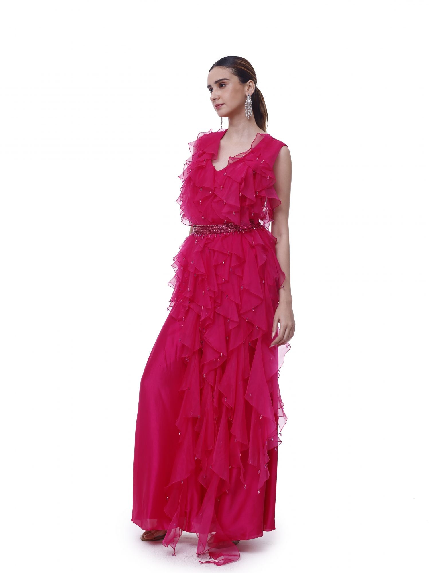 Shop stylish pink silk organza flouce suit set online in USA. Shop the best and latest designs in embroidered sarees, designer sarees, Anarkali suit, lehengas, sharara suits for weddings and special occasions from Pure Elegance Indian fashion store in USA.-set