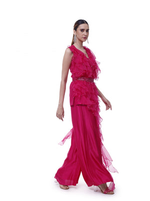 Shop stylish pink silk organza flouce suit set online in USA. Shop the best and latest designs in embroidered sarees, designer sarees, Anarkali suit, lehengas, sharara suits for weddings and special occasions from Pure Elegance Indian fashion store in USA.-side
