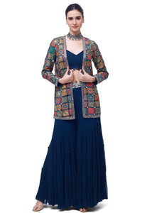 Buy navy blue georgette sharara set online in USA with embroidered jacket. Shop the best and latest designs in embroidered sarees, designer sarees, Anarkali suit, lehengas, sharara suits for weddings and special occasions from Pure Elegance Indian fashion store in USA.-full view
