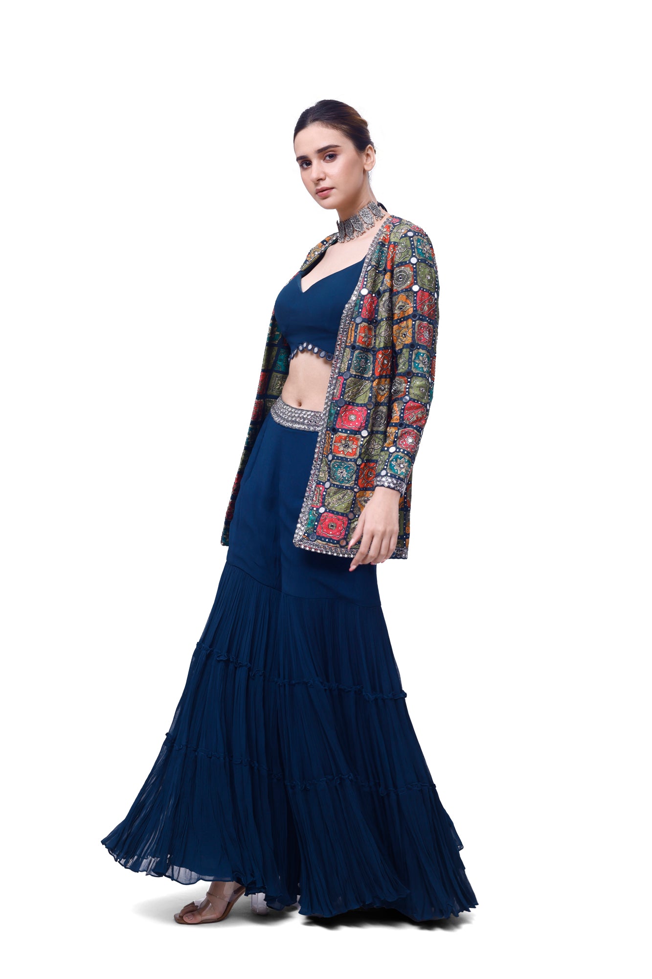 Buy navy blue georgette sharara set online in USA with embroidered jacket. Shop the best and latest designs in embroidered sarees, designer sarees, Anarkali suit, lehengas, sharara suits for weddings and special occasions from Pure Elegance Indian fashion store in USA.-set