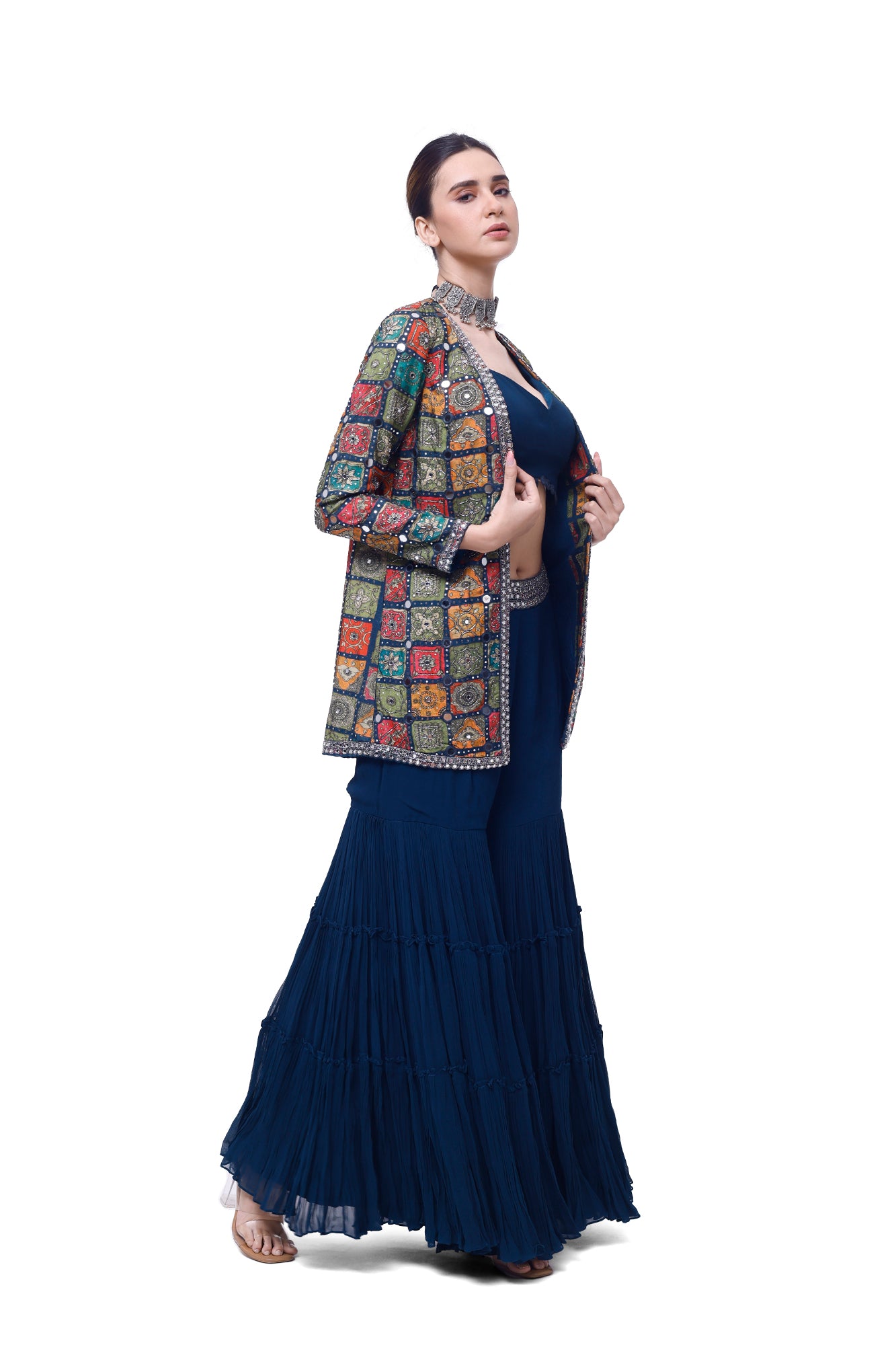Buy navy blue georgette sharara set online in USA with embroidered jacket. Shop the best and latest designs in embroidered sarees, designer sarees, Anarkali suit, lehengas, sharara suits for weddings and special occasions from Pure Elegance Indian fashion store in USA.-side