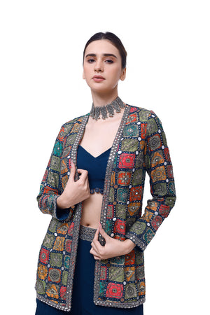 Buy navy blue georgette sharara set online in USA with embroidered jacket. Shop the best and latest designs in embroidered sarees, designer sarees, Anarkali suit, lehengas, sharara suits for weddings and special occasions from Pure Elegance Indian fashion store in USA.-closeup