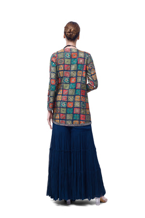 Buy navy blue georgette sharara set online in USA with embroidered jacket. Shop the best and latest designs in embroidered sarees, designer sarees, Anarkali suit, lehengas, sharara suits for weddings and special occasions from Pure Elegance Indian fashion store in USA.-back