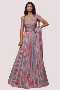 Shop multicolor printed satin gown online in USA. Shop the best and latest designs in embroidered sarees, designer sarees, Anarkali suit, lehengas, sharara suits for weddings and special occasions from Pure Elegance Indian fashion store in USA.-full view