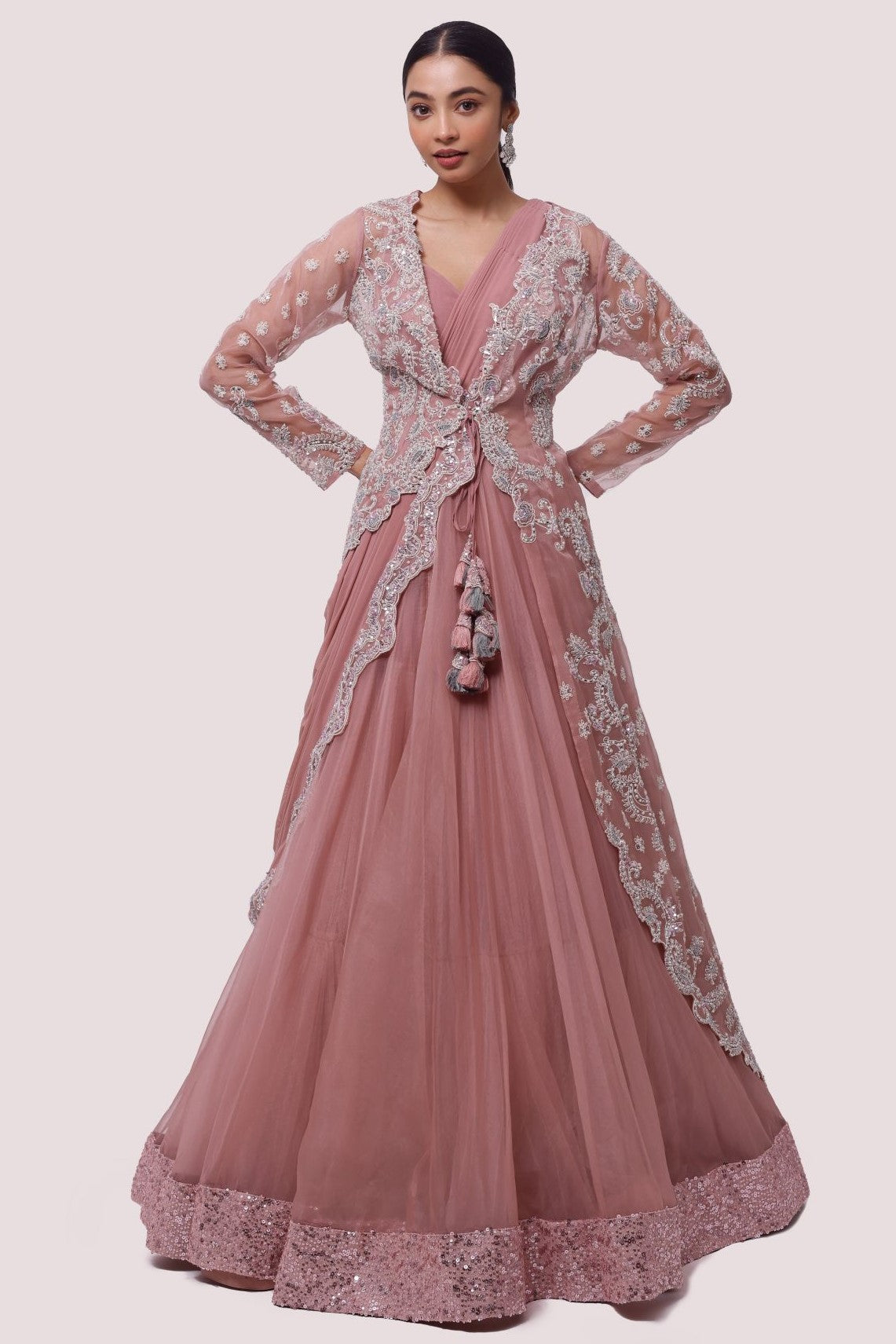 Buy beautiful dusty rose pink organza saree gown online in USA. Shop the best and latest designs in embroidered sarees, designer sarees, Anarkali suit, lehengas, sharara suits for weddings and special occasions from Pure Elegance Indian fashion store in USA.-full view