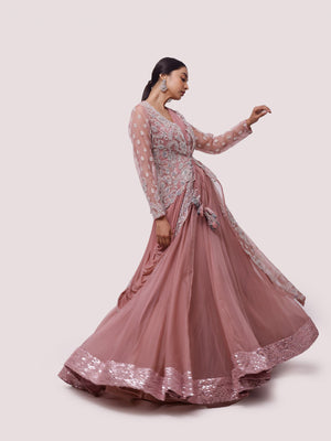 Buy beautiful dusty rose pink organza saree gown online in USA. Shop the best and latest designs in embroidered sarees, designer sarees, Anarkali suit, lehengas, sharara suits for weddings and special occasions from Pure Elegance Indian fashion store in USA.-side