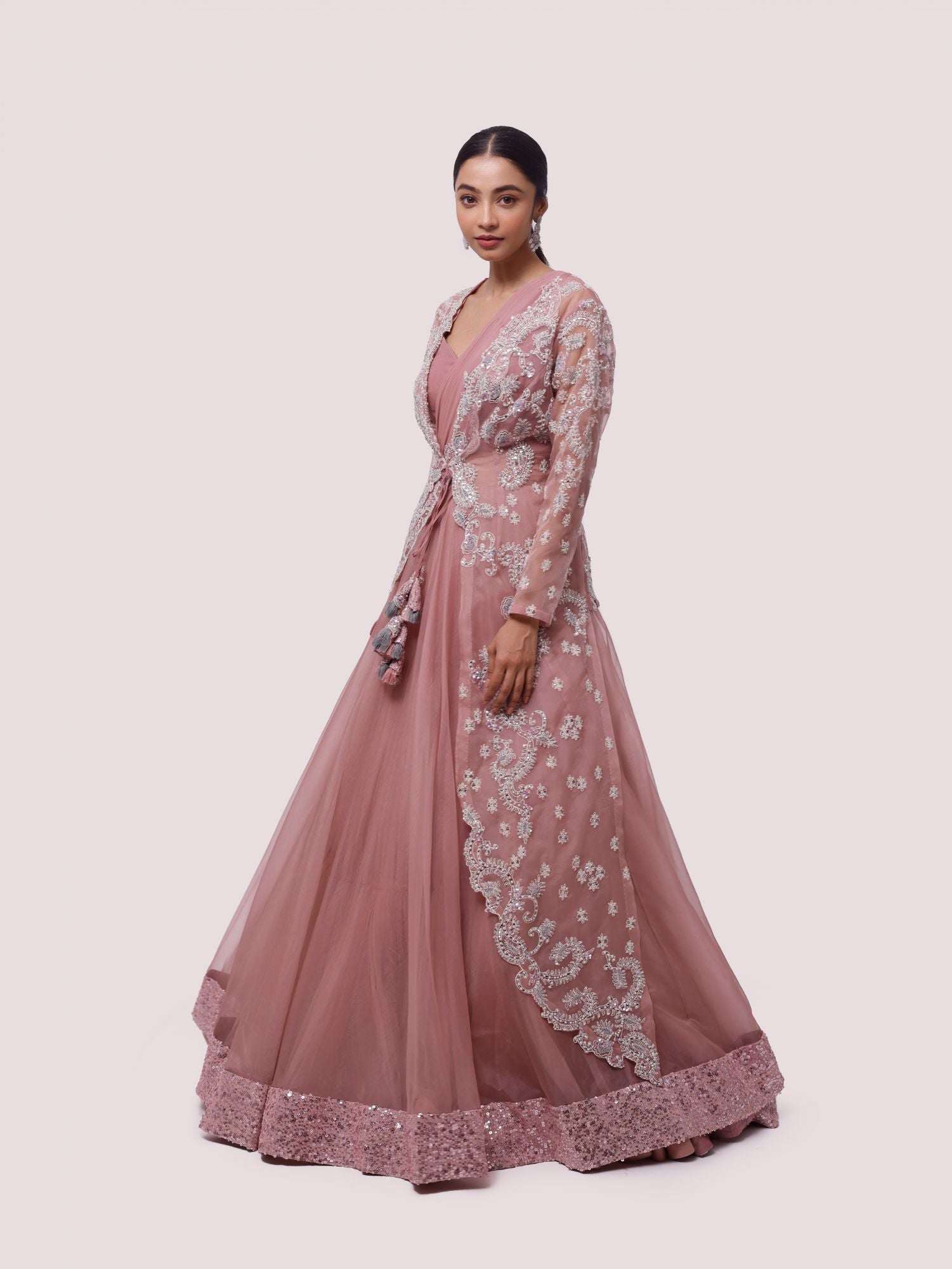 Buy beautiful dusty rose pink organza saree gown online in USA. Shop the best and latest designs in embroidered sarees, designer sarees, Anarkali suit, lehengas, sharara suits for weddings and special occasions from Pure Elegance Indian fashion store in USA.-gown