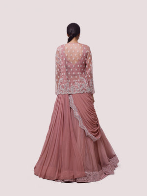 Buy beautiful dusty rose pink organza saree gown online in USA. Shop the best and latest designs in embroidered sarees, designer sarees, Anarkali suit, lehengas, sharara suits for weddings and special occasions from Pure Elegance Indian fashion store in USA.-back