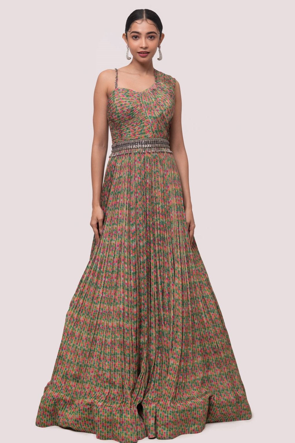 Shop stunning multicolored pleated chiffon gown online in USA. Shop the best and latest designs in embroidered sarees, designer sarees, Anarkali suit, lehengas, sharara suits for weddings and special occasions from Pure Elegance Indian fashion store in USA.-full view