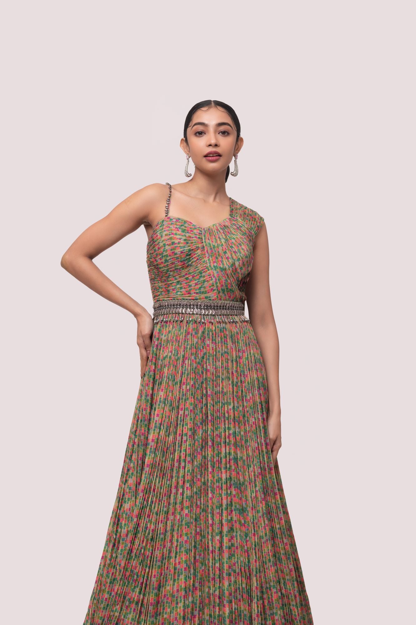 Shop stunning multicolored pleated chiffon gown online in USA. Shop the best and latest designs in embroidered sarees, designer sarees, Anarkali suit, lehengas, sharara suits for weddings and special occasions from Pure Elegance Indian fashion store in USA.-closeup