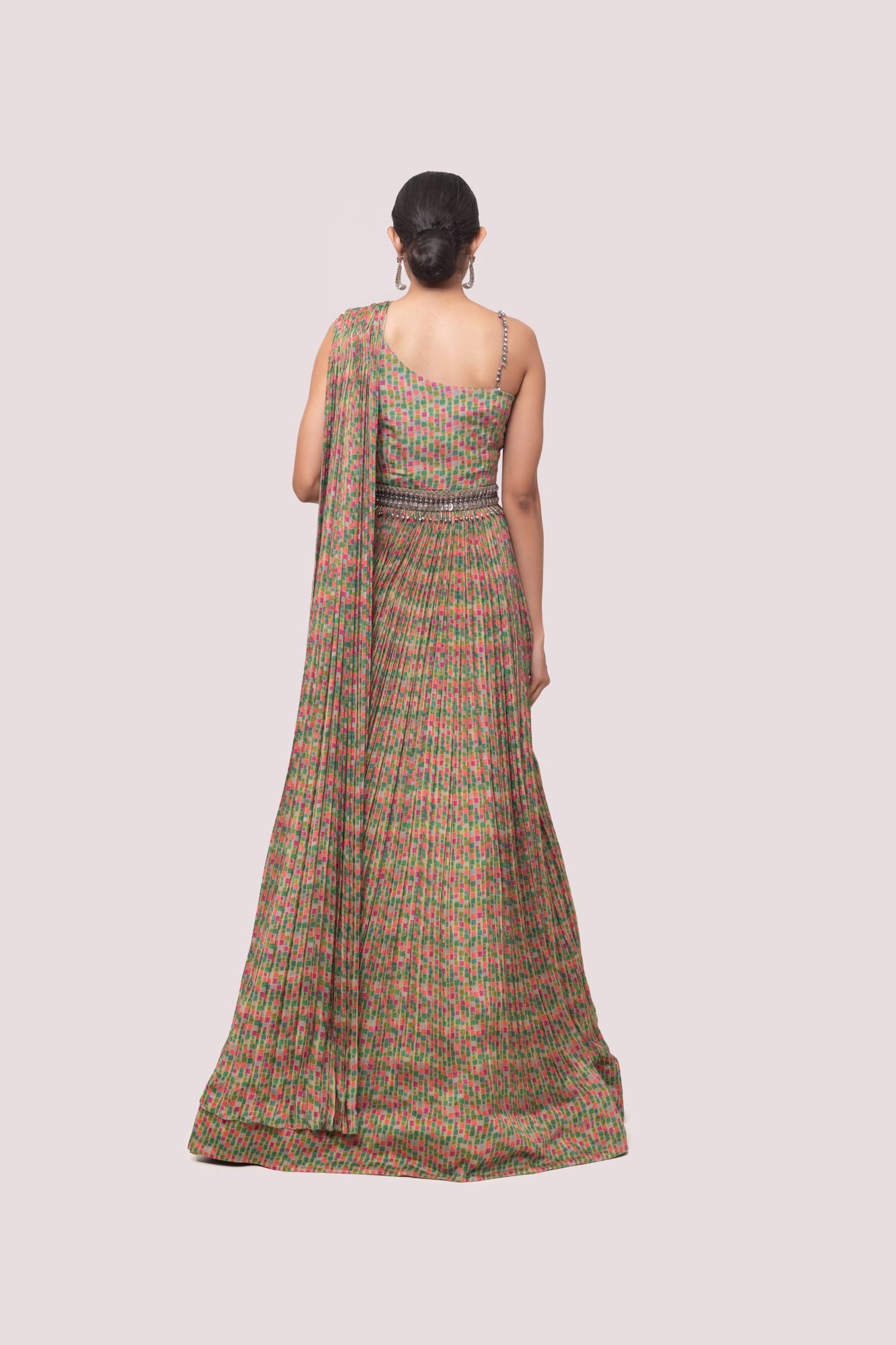 Shop stunning multicolored pleated chiffon gown online in USA. Shop the best and latest designs in embroidered sarees, designer sarees, Anarkali suit, lehengas, sharara suits for weddings and special occasions from Pure Elegance Indian fashion store in USA.-back