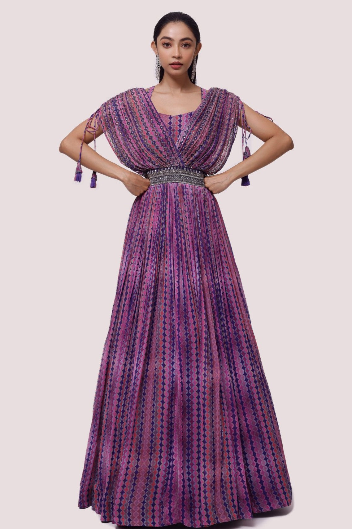Buy purple printed cutdana and sequin work georgette gown online in USA. Shop the best and latest designs in embroidered sarees, designer sarees, Anarkali suit, lehengas, sharara suits for weddings and special occasions from Pure Elegance Indian fashion store in USA.-full view