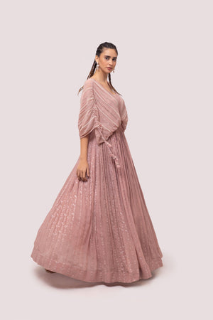 Shop stunning peach chikan gown online in USA. Shop the best and latest designs in embroidered sarees, designer sarees, Anarkali suit, lehengas, sharara suits for weddings and special occasions from Pure Elegance Indian fashion store in USA.-side