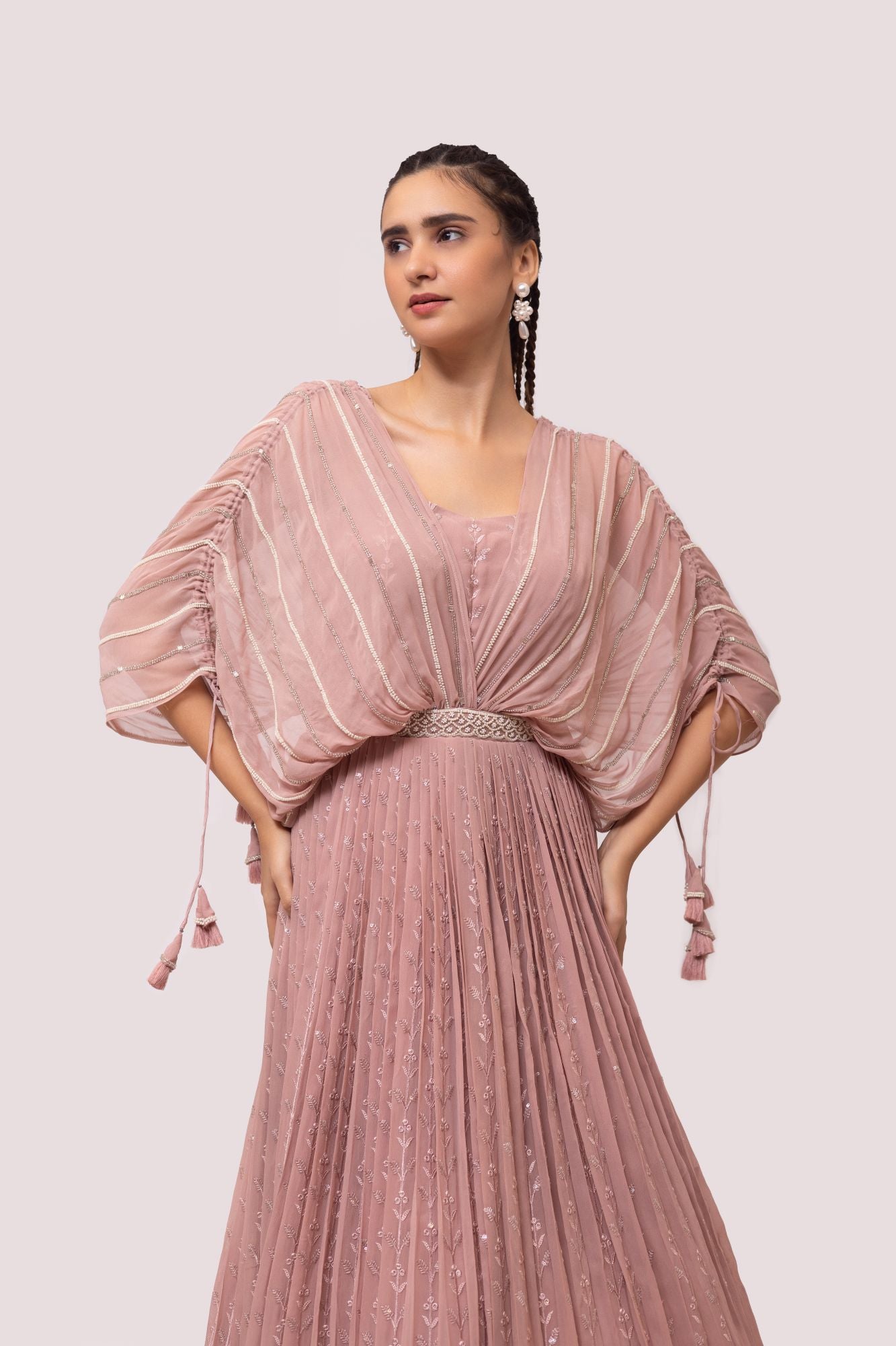 Shop stunning peach chikan gown online in USA. Shop the best and latest designs in embroidered sarees, designer sarees, Anarkali suit, lehengas, sharara suits for weddings and special occasions from Pure Elegance Indian fashion store in USA.-closeup