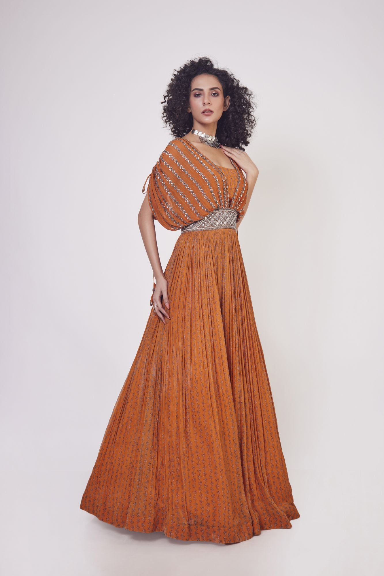 Buy orange sequin work georgette gown online in USA. Shop the best and latest designs in embroidered sarees, designer sarees, Anarkali suit, lehengas, sharara suits for weddings and special occasions from Pure Elegance Indian fashion store in USA.-side