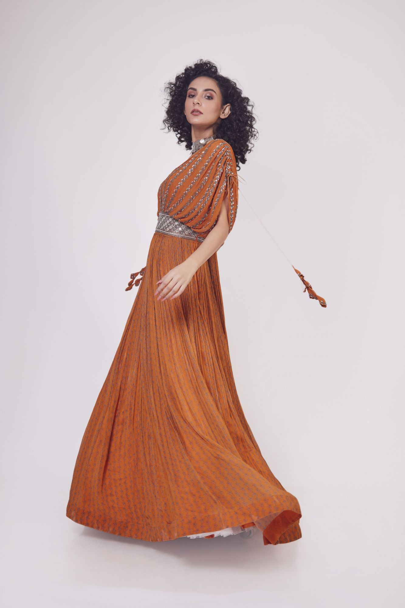 Buy orange sequin work georgette gown online in USA. Shop the best and latest designs in embroidered sarees, designer sarees, Anarkali suit, lehengas, sharara suits for weddings and special occasions from Pure Elegance Indian fashion store in USA.-gown