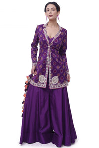 Shop beautiful purple tussar silk embroidered sharara set online in USA. Shop the best and latest designs in embroidered sarees, designer sarees, Anarkali suit, lehengas, sharara suits for weddings and special occasions from Pure Elegance Indian fashion store in USA.-full view