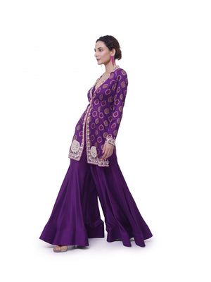 Shop beautiful purple tussar silk embroidered sharara set online in USA. Shop the best and latest designs in embroidered sarees, designer sarees, Anarkali suit, lehengas, sharara suits for weddings and special occasions from Pure Elegance Indian fashion store in USA.-side