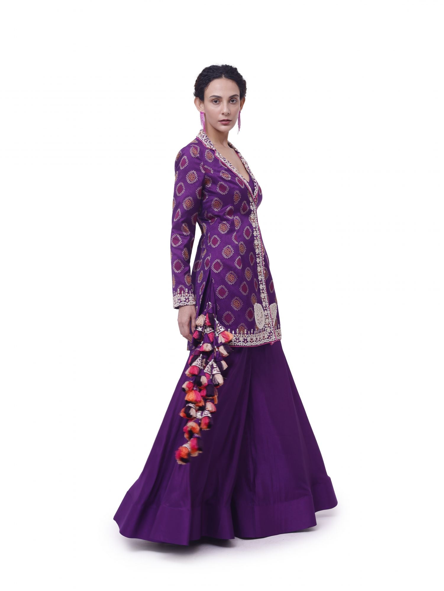Shop beautiful purple tussar silk embroidered sharara set online in USA. Shop the best and latest designs in embroidered sarees, designer sarees, Anarkali suit, lehengas, sharara suits for weddings and special occasions from Pure Elegance Indian fashion store in USA.-sharara