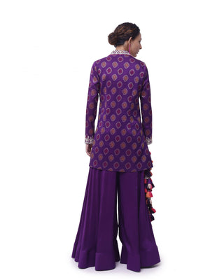 Shop beautiful purple tussar silk embroidered sharara set online in USA. Shop the best and latest designs in embroidered sarees, designer sarees, Anarkali suit, lehengas, sharara suits for weddings and special occasions from Pure Elegance Indian fashion store in USA.-back