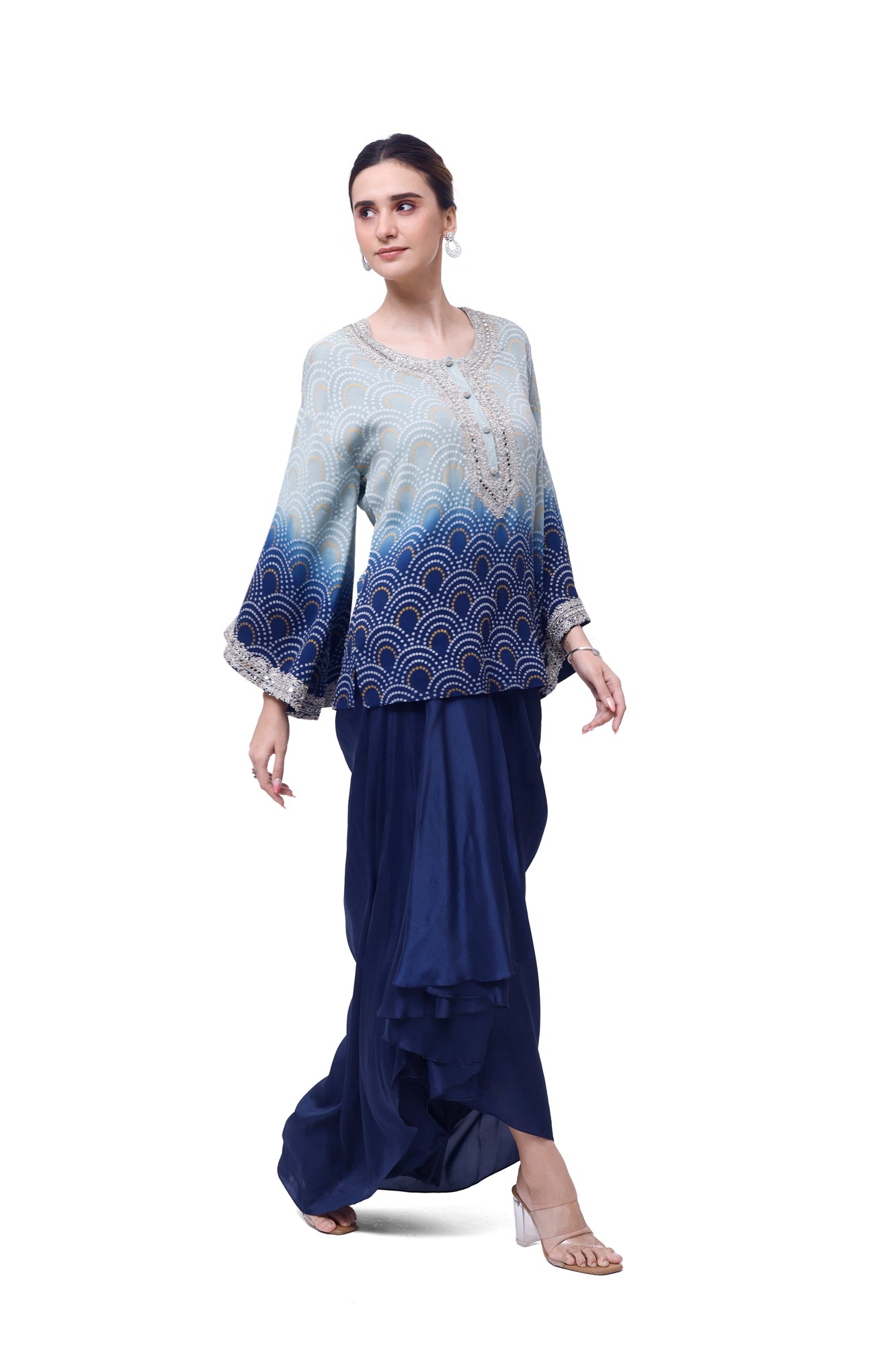 Shop stunning ombre blue georgette silk skirt set online in USA. Shop the best and latest designs in embroidered sarees, designer sarees, Anarkali suit, lehengas, sharara suits for weddings and special occasions from Pure Elegance Indian fashion store in USA.-side