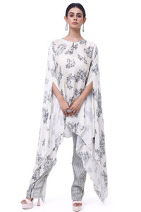 Shop stunning off-white and grey floral satin pant set online in USA. Shop the best and latest designs in embroidered sarees, designer sarees, Anarkali suit, lehengas, sharara suits for weddings and special occasions from Pure Elegance Indian fashion store in USA.-full view