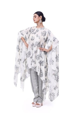 Shop stunning off-white and grey floral satin pant set online in USA. Shop the best and latest designs in embroidered sarees, designer sarees, Anarkali suit, lehengas, sharara suits for weddings and special occasions from Pure Elegance Indian fashion store in USA.-set