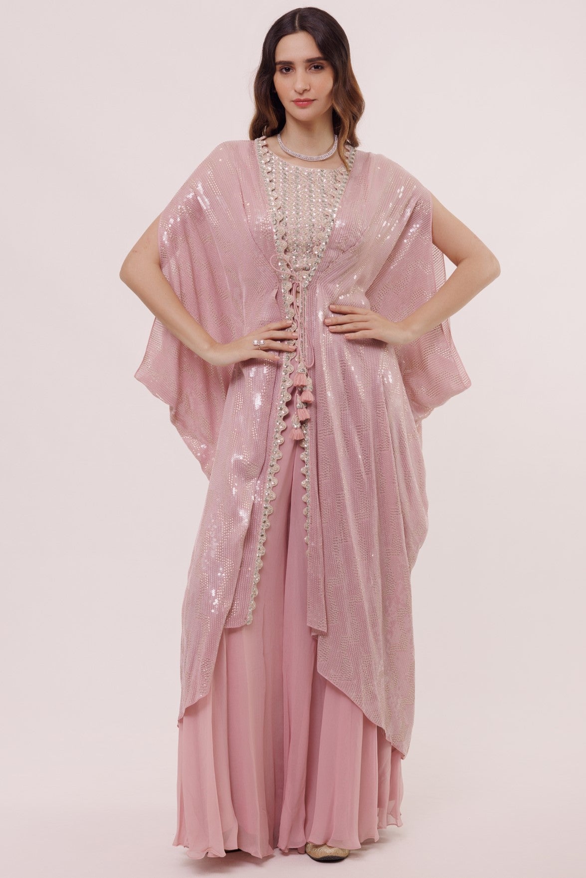 Shop stunning dusty pink palazzo set online in USA with drape. Shop the best and latest designs in embroidered sarees, designer sarees, Anarkali suit, lehengas, sharara suits for weddings and special occasions from Pure Elegance Indian fashion store in USA.-full view