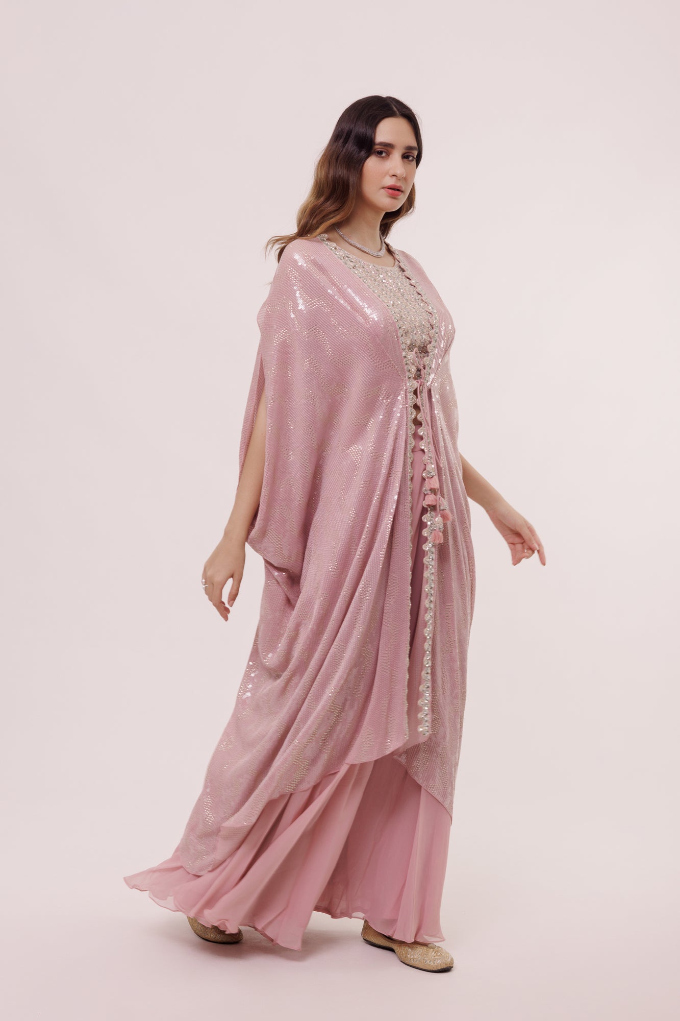 Shop stunning dusty pink palazzo set online in USA with drape. Shop the best and latest designs in embroidered sarees, designer sarees, Anarkali suit, lehengas, sharara suits for weddings and special occasions from Pure Elegance Indian fashion store in USA.-side