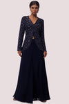 Shop beautiful navy blue georgette embellished co-ord set online in USA. Shop the best and latest designs in embroidered sarees, designer sarees, Anarkali suit, lehengas, sharara suits for weddings and special occasions from Pure Elegance Indian fashion store in USA.-full view