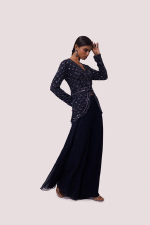 Shop beautiful navy blue georgette embellished co-ord set online in USA. Shop the best and latest designs in embroidered sarees, designer sarees, Anarkali suit, lehengas, sharara suits for weddings and special occasions from Pure Elegance Indian fashion store in USA.-side