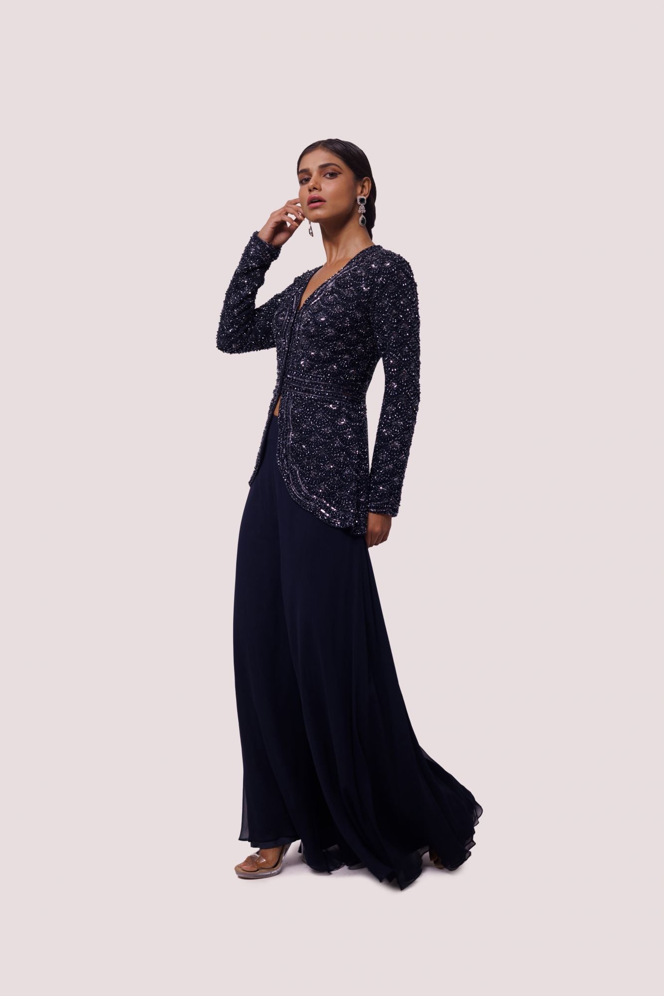 Shop beautiful navy blue georgette embellished co-ord set online in USA. Shop the best and latest designs in embroidered sarees, designer sarees, Anarkali suit, lehengas, sharara suits for weddings and special occasions from Pure Elegance Indian fashion store in USA.-side