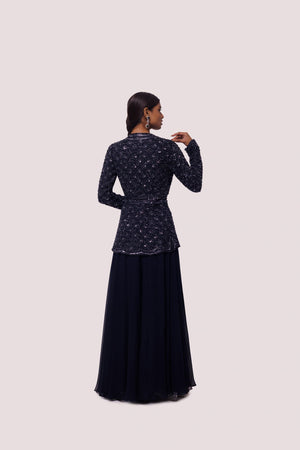 Shop beautiful navy blue georgette embellished co-ord set online in USA. Shop the best and latest designs in embroidered sarees, designer sarees, Anarkali suit, lehengas, sharara suits for weddings and special occasions from Pure Elegance Indian fashion store in USA.-back