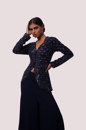 Shop beautiful navy blue georgette embellished co-ord set online in USA. Shop the best and latest designs in embroidered sarees, designer sarees, Anarkali suit, lehengas, sharara suits for weddings and special occasions from Pure Elegance Indian fashion store in USA.-set