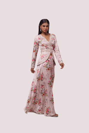 Shop stunning peach floral satin embellished co-ord set online in USA. Shop the best and latest designs in embroidered sarees, designer sarees, Anarkali suit, lehengas, sharara suits for weddings and special occasions from Pure Elegance Indian fashion store in USA.-side
