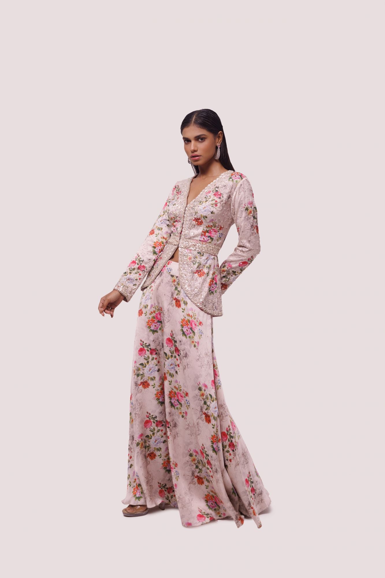 Shop stunning peach floral satin embellished co-ord set online in USA. Shop the best and latest designs in embroidered sarees, designer sarees, Anarkali suit, lehengas, sharara suits for weddings and special occasions from Pure Elegance Indian fashion store in USA.-set